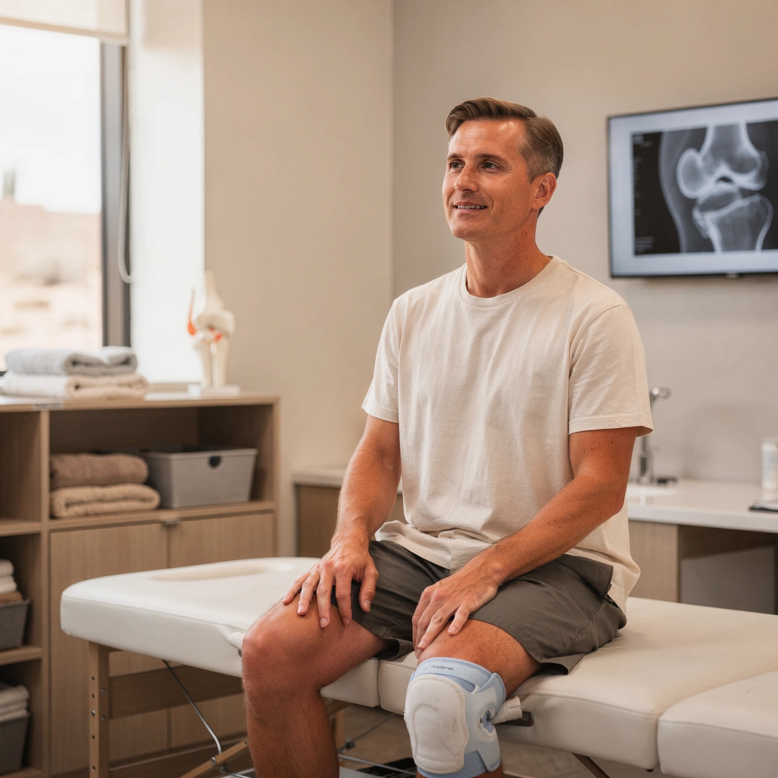 Patient sitting on examination table in orthopedic clinic with X-ray images displayed on wall